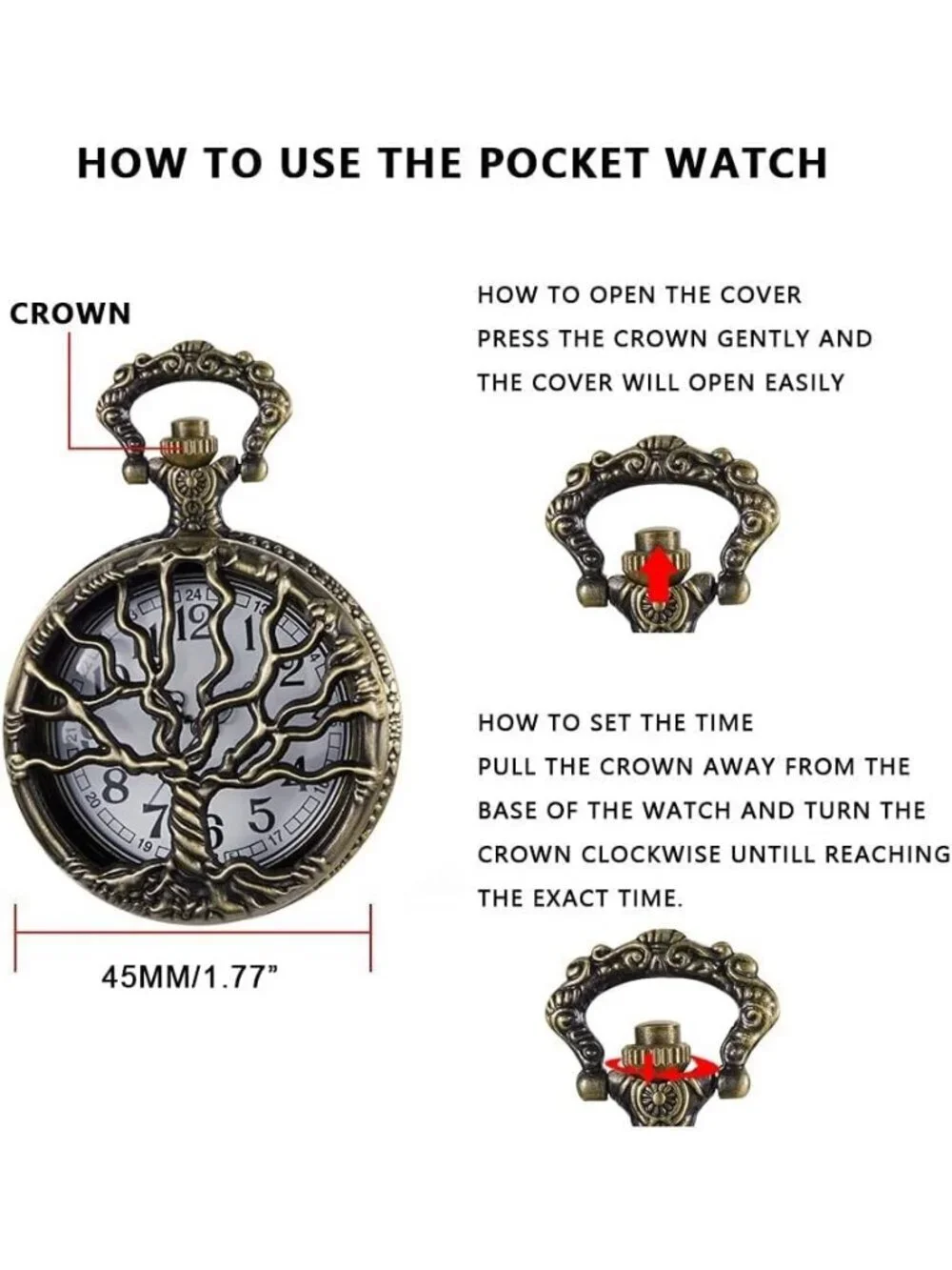 Men's Brown Analog Quartz Tree Shape Pendant Necklace Round Case Pocket Watch